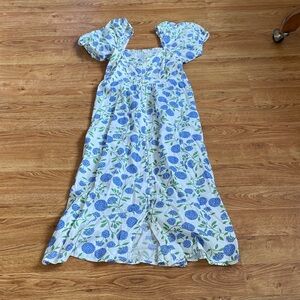 Blue Floral Midi Dress with Puff Sleeves